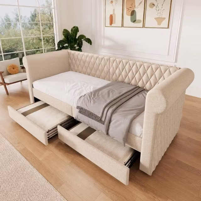 Divano Letto Moderno Vovees Living Imbottito con Cassetti in Colore Beige L/P/H: 90 x 200 cm – 1