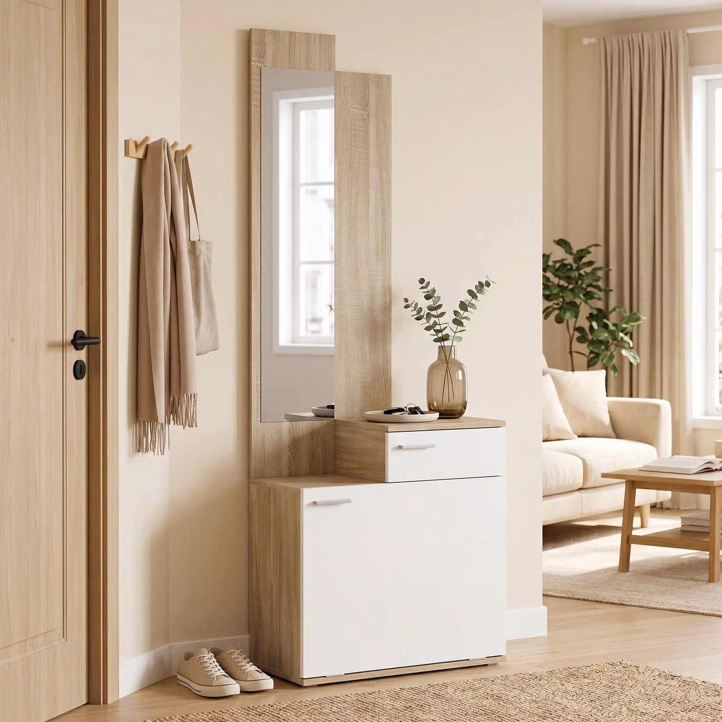 Mobile ingresso HOMCOM con specchio, scarpiera, seduta e cassetto, bianco, L: 61 cm, P: 30 cm, H: 170 cm – 2