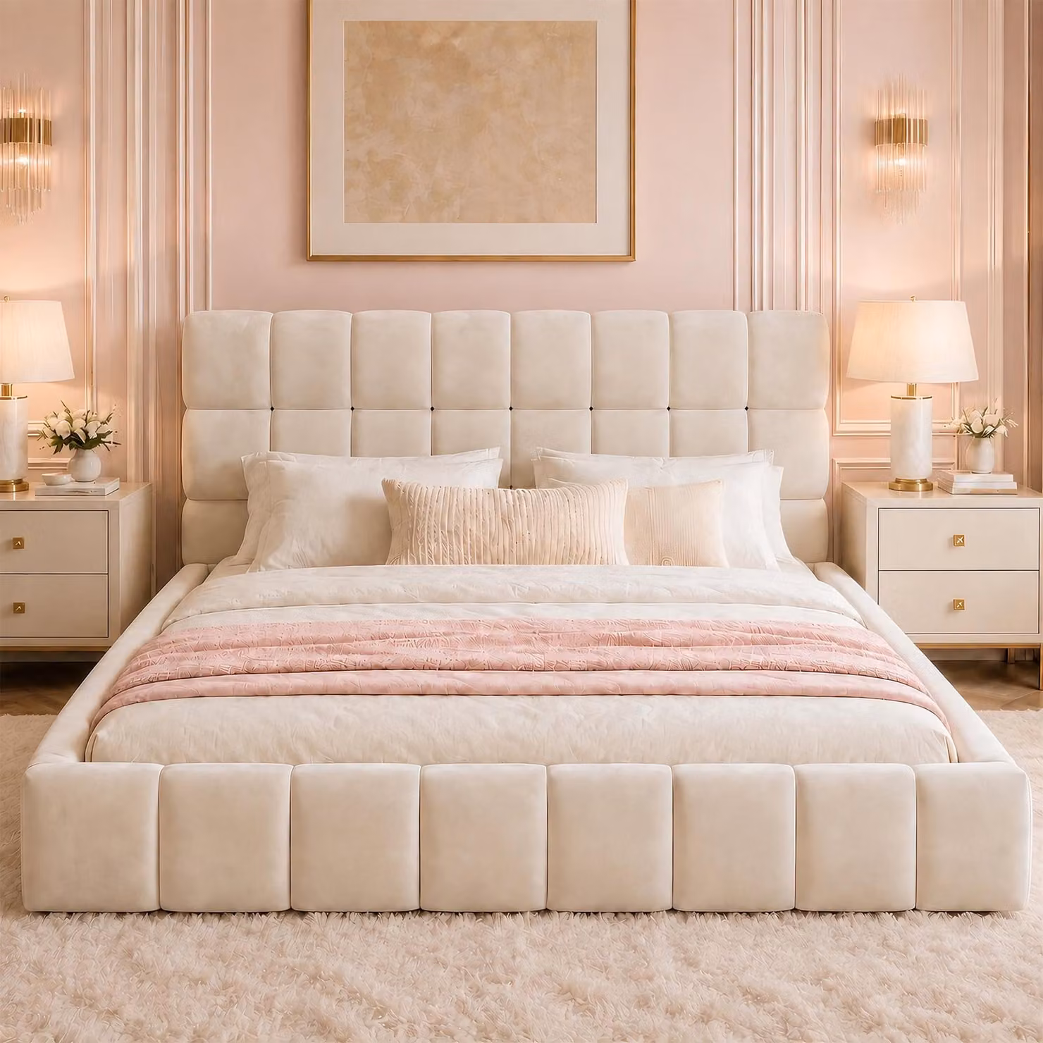 Letto imbottito Flieks 140x190 cm con rete a doghe, letto matrimoniale per ragazzi con testiera imbottita, letto per bambini in legno con bordatura imbottita, velluto, beige