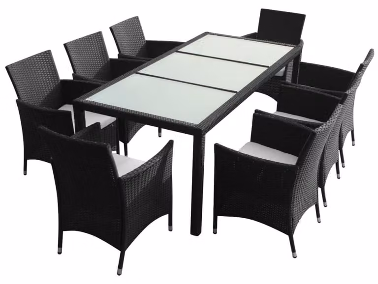 Tavolo da giardino in rattan sintetico, 190 cm, nero, con piano in vetro