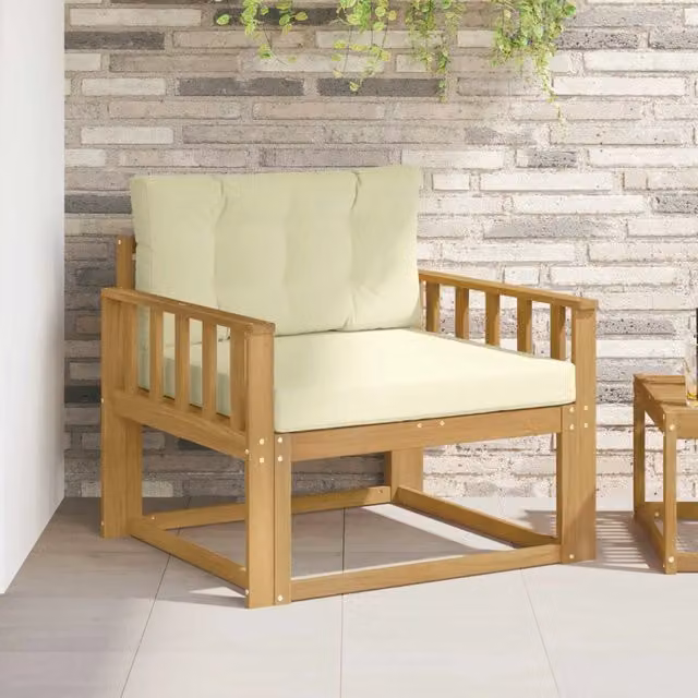 Divano centrale da esterno vidaXL in legno di acacia con cuscini bianchi e beige resistenti ai raggi UV