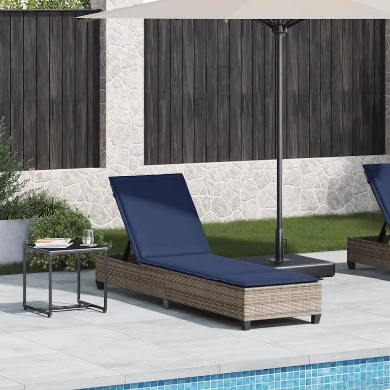 Lettino prendisole vidaXL in polyrattan con cuscini grigi e blu, L 200 x P 55 x H 25,5 cm