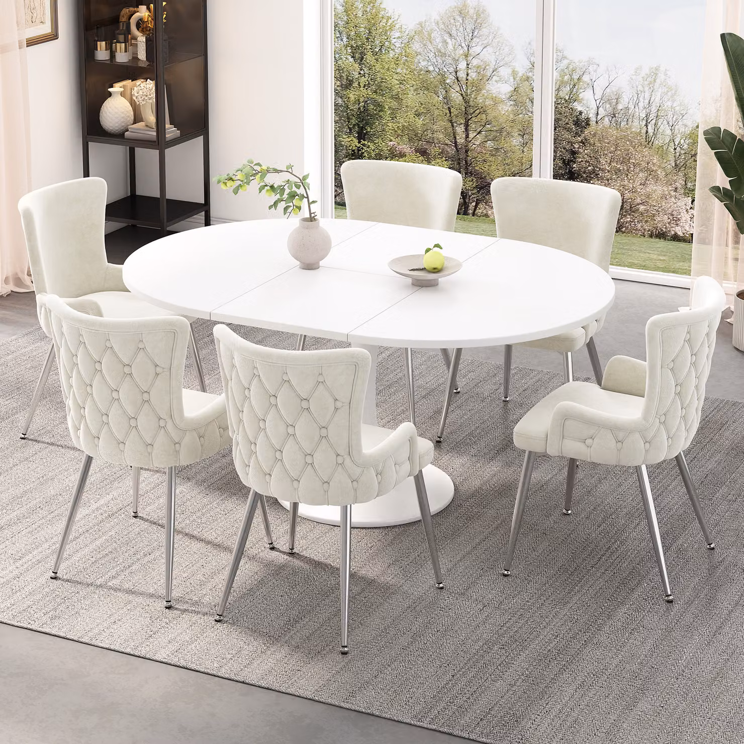 Set di 6 sedie Flieks, sedia da sala da pranzo con rivestimento in velluto, elegante poltrona lounge con gambe in metallo argentato, sedie da cucina e da soggiorno, beige