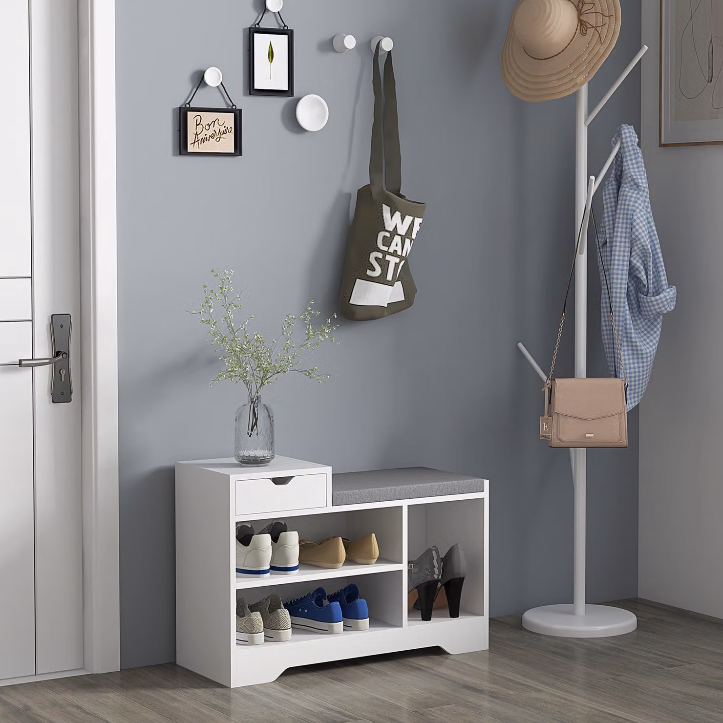 Mobile e baule porta scarpe HOMCOM in MDF bianco con 1 cassetto e 3 scomparti, L: 76,5 cm, P: 30 cm, H: 52 cm – 2