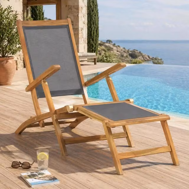 Sun Lounger With Footrest, Solid Teak Wood, Black