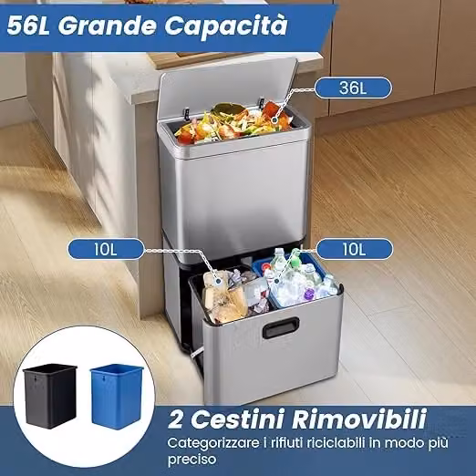 Pattumiera Costway da 56L in Acciaio Inossidabile con Sensore di Movimento e 2 Contenitori Interni Rimovibili, Coperchio a Chiusura Lenta, Argento – 2