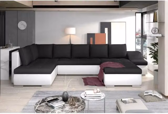Divano panoramico GYOVANI MEUBLORAMA a forma di U con angolo destro, trasformabile in letto, con poggiatesta regolabile e seduta sollevabile, bicolore nero e bianco, L: 294 cm, P: 190 cm, H: 140 cm