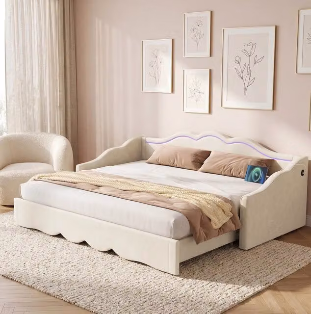 Letto estraibile 90x200/180x200 cm in velluto beige con LED; USB e Type-C