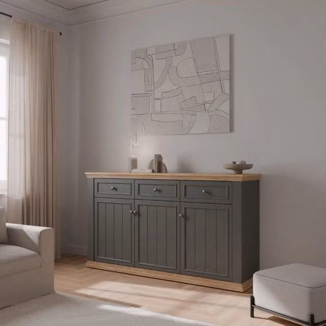 Madia Essenza Home EFFEZETA in stile classico con 3 cassetti e 3 ante, colore grigio scuro e rovere, L: 169.2 cm, H: 71.1 cm, P: 43.5 cm