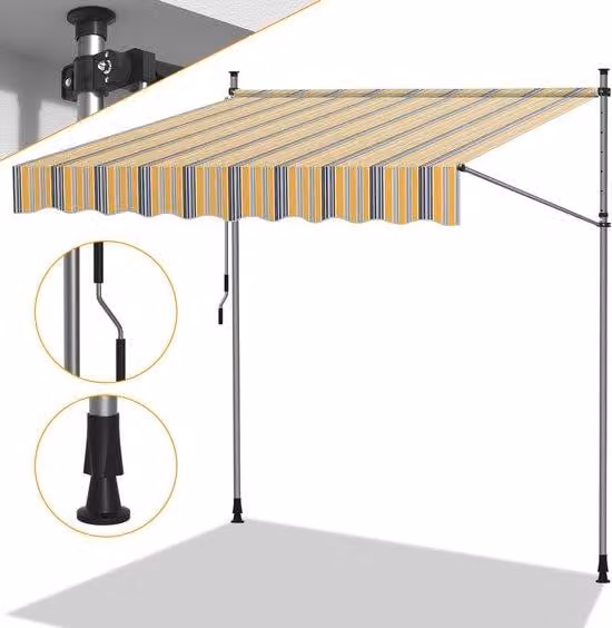 Tende da sole per terrazza e balcone con manovella, 350 cm, giallo-blu, da installare senza foratura, flessibile