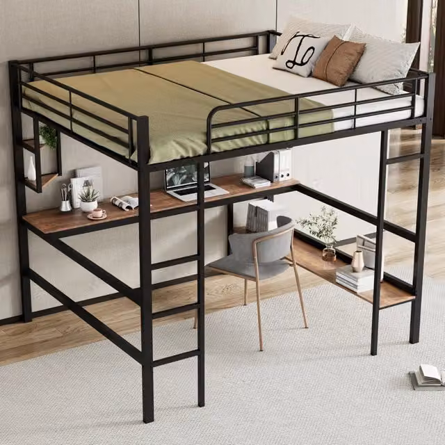 Letto a soppalco 140 × 200 cm con scrivania, quattro mensole e libreria, senza materasso, in metallo nero
