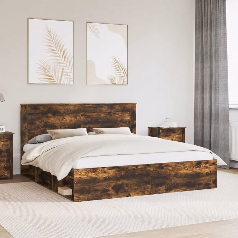 Struttura del letto moderna vidaXL in pino massello e legno, colore rovere fumé, L/P/H: 200 x 200 x 210 cm