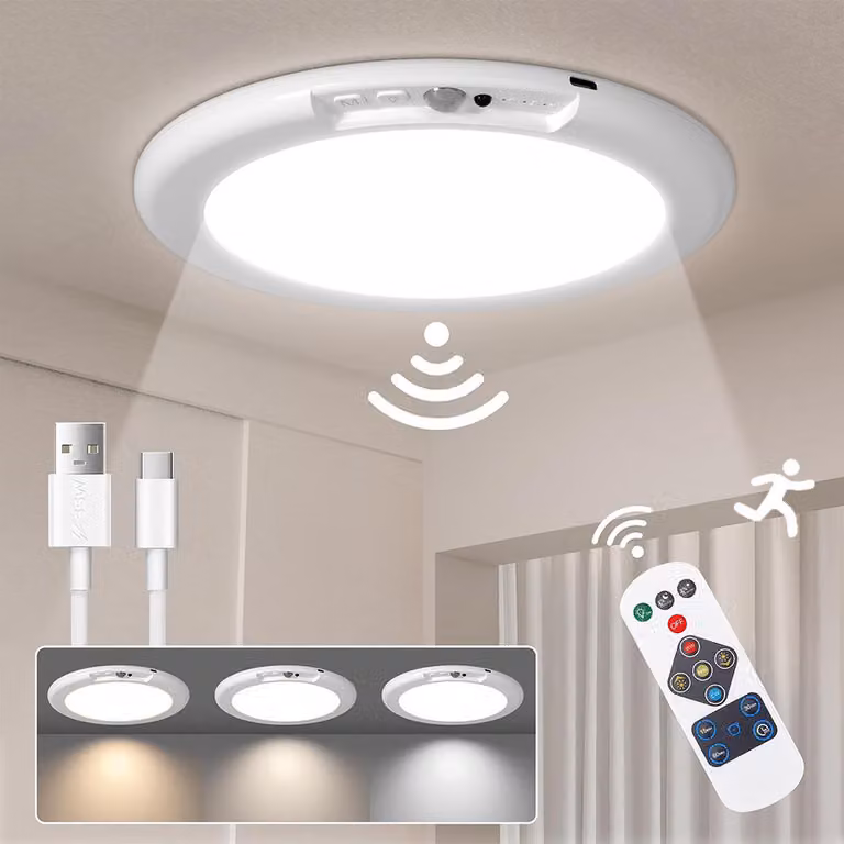 Plafoniera con rilevatore di movimento Lampade piatte dimmerabili per interni Plafoniera LED a batteria ricaricabile con telecomando e timer per scale corridoio garage
