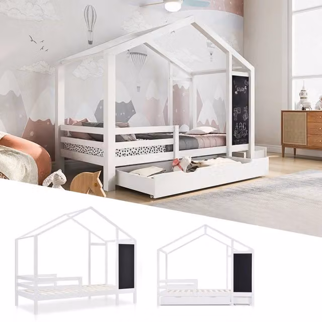 Letto a Casetta 90x200 cm in Legno Massello con Lavagna e 2 Cassetti Bianco