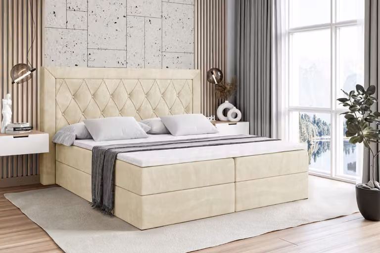 Letto boxspring ALTDECOR con materasso (altezza 20 cm) e topper (altezza 4 cm), letto imbottito con testiera e contenitore - NOEL - 160x200 - H4 / Velluto beige