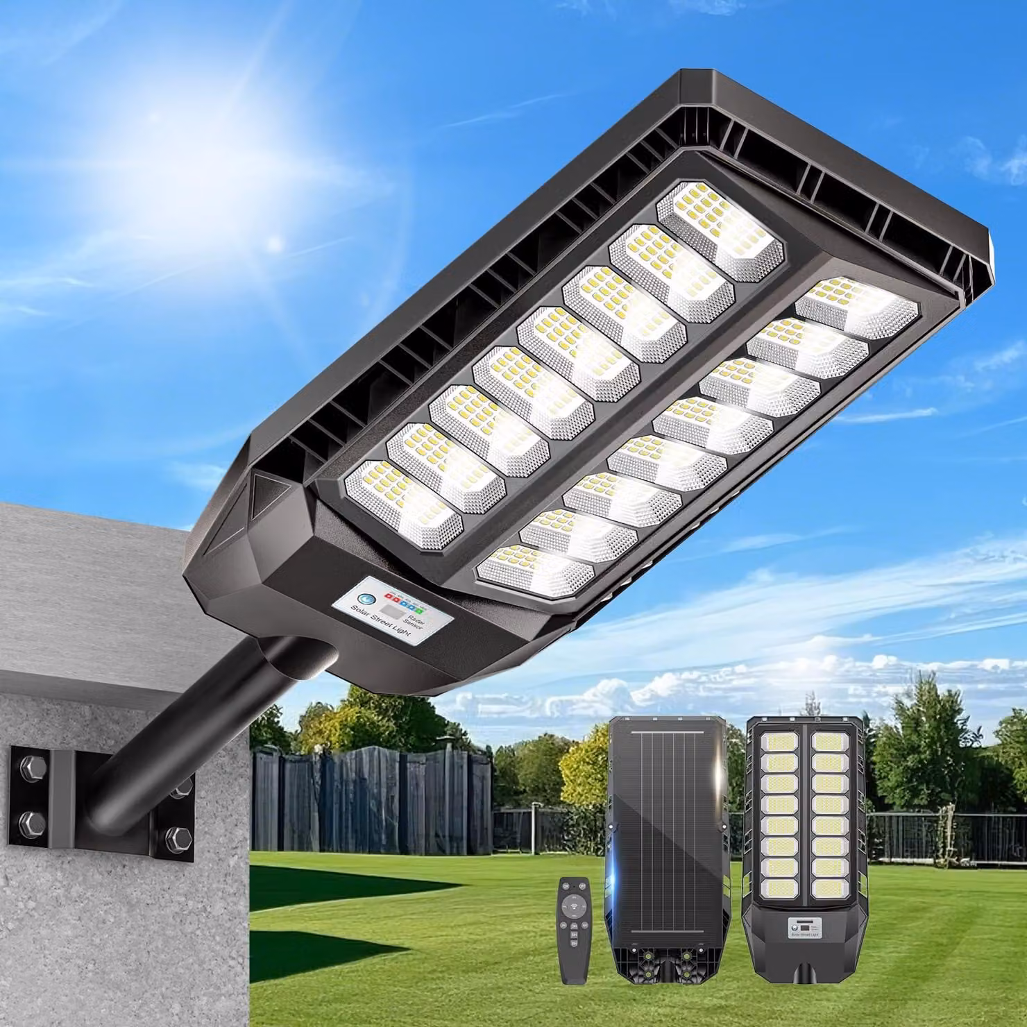 Faro solare a LED da 3000W, grado di protezione IP66, con sensore di movimento, temperatura di colore 6500K, con telecomando