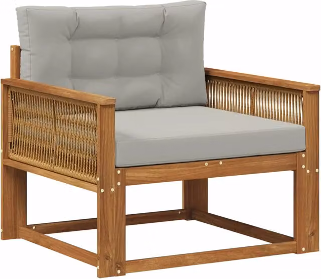 Divano centrale da esterno moderno in legno di acacia massello con cuscini inclusi, colori marrone e grigio, modello CFW3389359 – 1