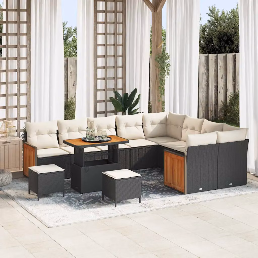 vidaXL Set Divano da Giardino a L con 13 Pezzi, Nero e Beige, con Cuscini e Tavolino da Caffè – 1