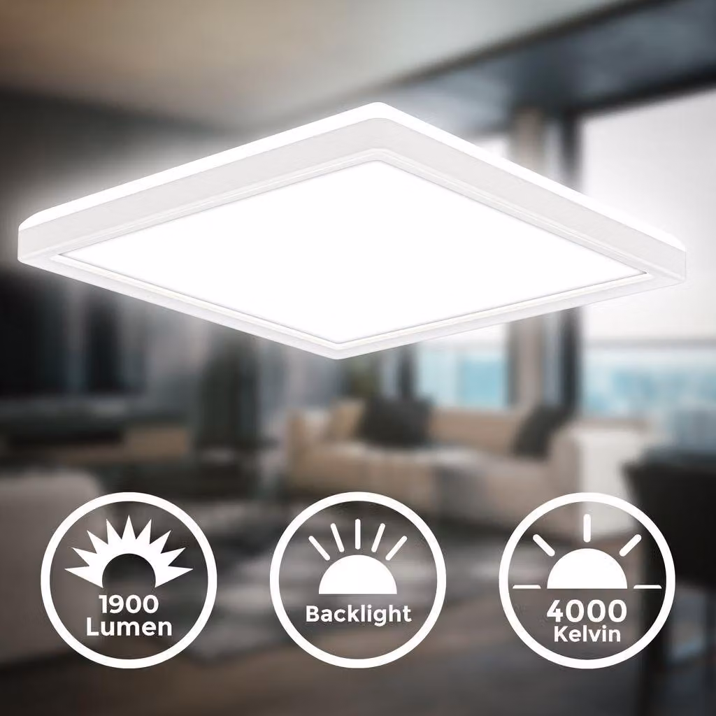 B.K.Licht - Lampada da soffitto a LED a luce indiretta, piatta 3 cm, luce bianca neutra, lampada a LED, plafoniera a LED, lampada da soggiorno, pannello a LED, lampada da cucina illuminazione a soffitto, 24x24x3 cm, bianco