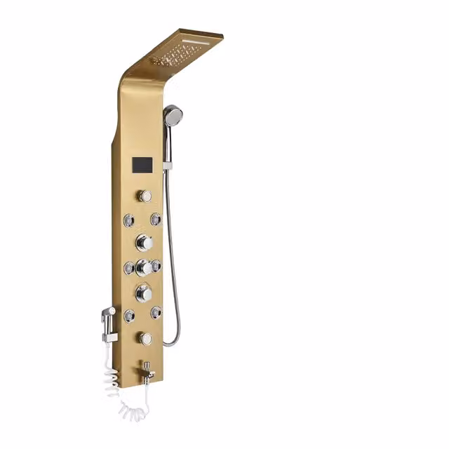 Pannello doccia, display LED, soffione a pioggia e a cascata, oro 8009