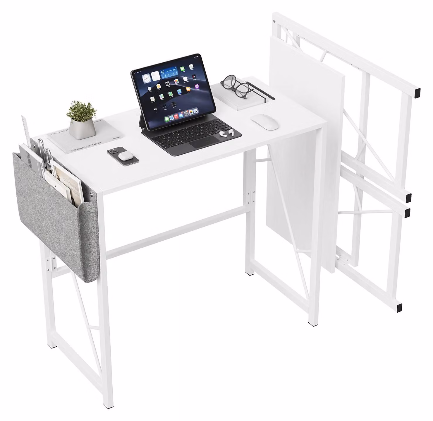 Scrivania 80 cm - Scrivania pieghevole - Ideale per piccoli spazi - Con borsa portaoggetti - Gancio per cuffie - Perfetta per l'ufficio domestico in camera da letto - Facile da montare - Colore: bianco