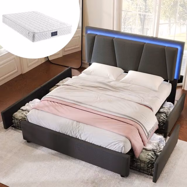 Desviae Lit Double 160 × 200 cm con LED, 4 cassetti e testiera regolabile, con materasso, grigio