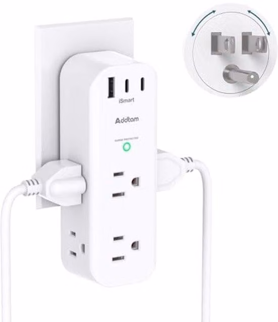 Prese multiple da parete con diverse prese e porte USB, 6 uscite AC, 3 porte USB, design rotante a 180°, caricabatterie 9-in-1