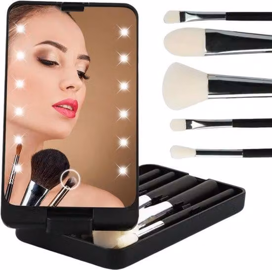 Specchio cosmetico a LED con set di 5 pennelli da trucco - Rotante - Ricaricabile tramite USB - Nero