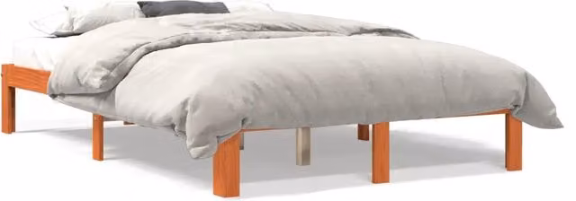 Letto matrimoniale in legno massello di pino color marrone cera con doghe piatte, L/P/H: 143.5 x 200 x 30 cm