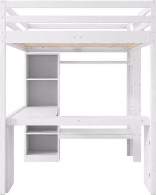 Letto a soppalco 140x200 bianco con scrivania integrata, ripiani portaoggetti, luci led e usb, struttura in legno