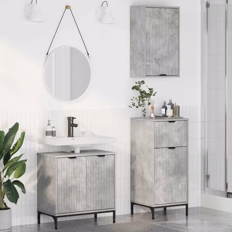 Set di mobili per il bagno moderno vidaXL in 3 pezzi Grigio e Nero con vanità, mobile laterale e colonna alta