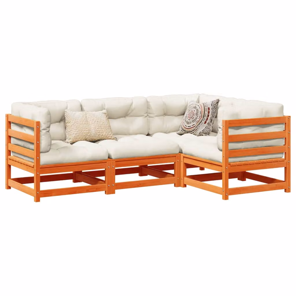 Set di divani da giardino vidaXL in legno massello di pino cerato marrone con cuscini beige, composizione a L per 4 persone – 1