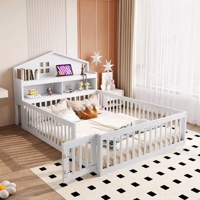 Letto per bambini ¨C Minimal ¨C Bianco legno massello pino 140x200cm con rete a doghe e spazio di archiviazione