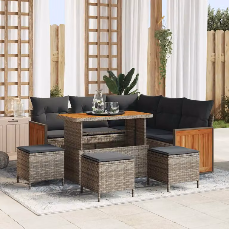 Set Divano da Giardino vidaXL a Forma di L in Polyrattan Grigio con 9 Pezzi e Cuscini Inclusi