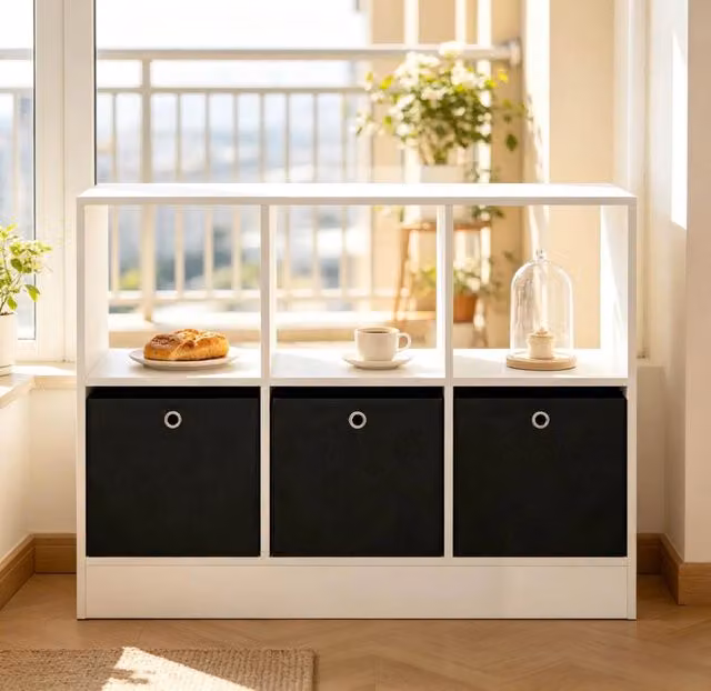 Libreria a cubi 80x30x61 cm bianca e nera in legno ingegnerizzato, 3 cassetti