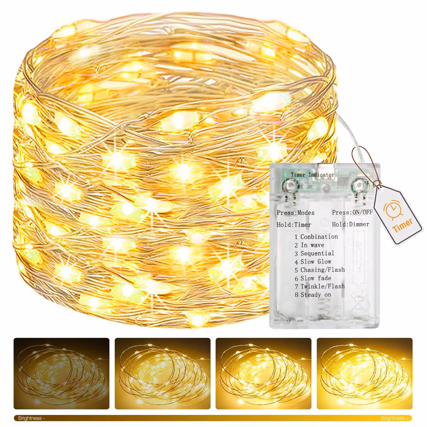Catena luminosa da 10 metri, 100 LED bianco caldo, con timer, dimmer, 8 modalità, alimentazione USB/batterie