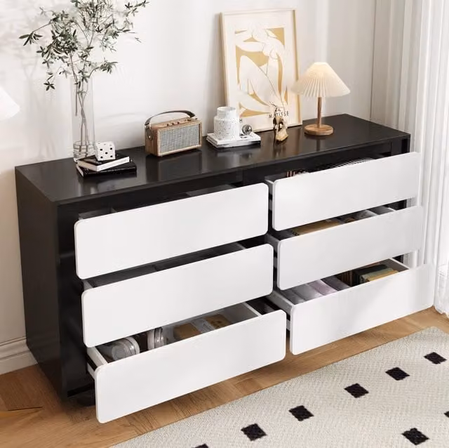 Credenza Moderna con Sei Cassetti, Struttura in Truciolato Bianco e Nero 140×38×74,5 cm