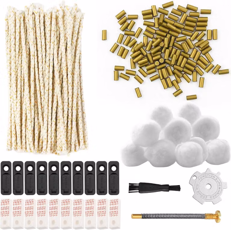 Kit di accessori per accendino a benzina universale, composto da: 150 pietre fiammifere, 50 stoppini, 10 dischi di cotone, 10 guarnizioni, 10 feltri, 1 cacciavite