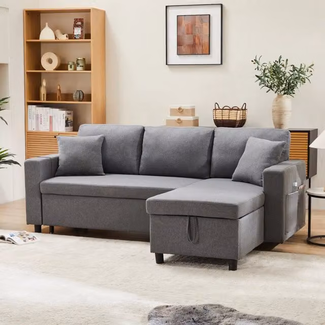 Divano letto MIVRAY a 3-4 posti con chaise longue reversibile e vano contenitore, tessuto grigio, L: 219,5 cm, P: 83 cm, H: 142,5 cm – 1