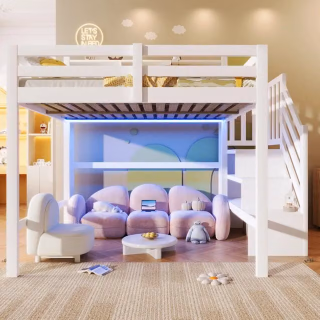 Letto a soppalco per bambini 140×200 cm con LED, scala contenitore e vani aperti, senza materasso, bianco