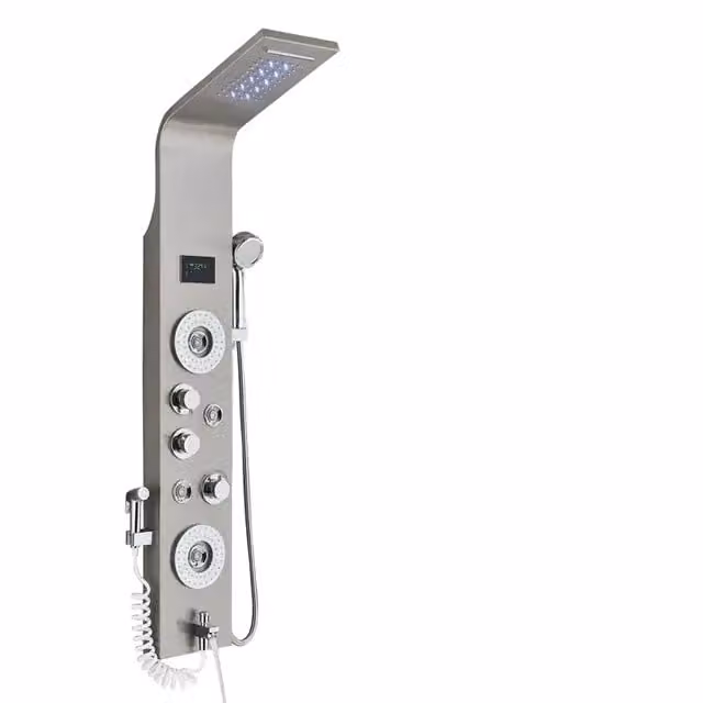 Pannello doccia, display LED, soffione a pioggia e a cascata, nichel 8006