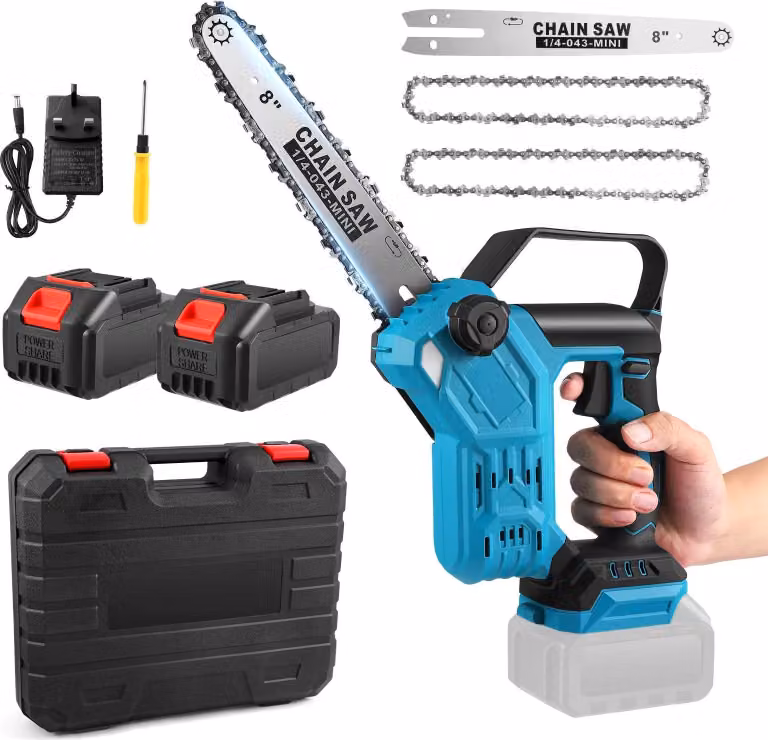 Mini motosega da 20 cm - Motosega a batteria - Lubrificazione automatica della catena - 2 batterie da 3,0 Ah incluse - Giardinaggio e taglio della legna - Blu