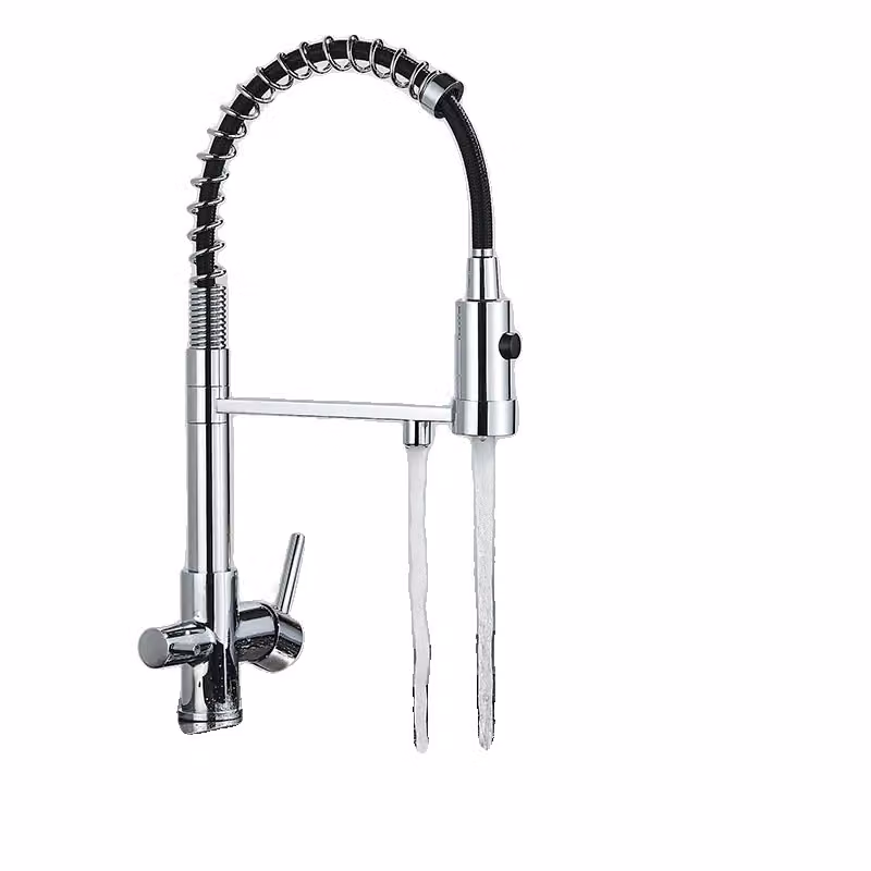 Miscelatore da cucina filtrato, design a due maniglie, erogatore estraibile, finitura cromata