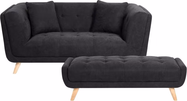 Divano a due posti BELIANI in tessuto nero con poggiapiedi coordinato e cuscini decorativi stile retrò L: 176 cm, P: 78 cm, H: 72 cm – 1