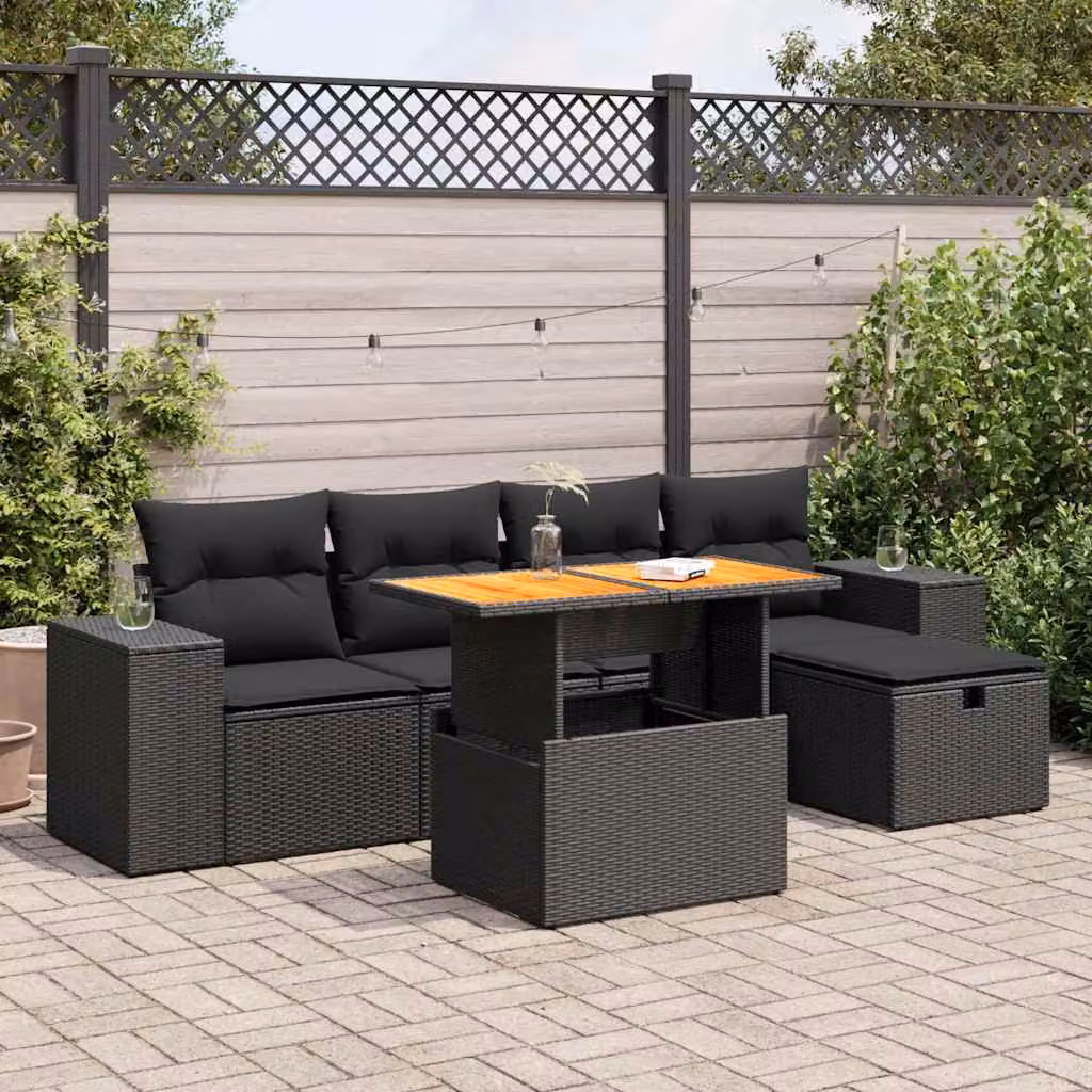 Set Divano da Giardino vidaXL a L in Polyrattan Nero con Cuscini e Tavolino, Struttura in Legno di Acacia