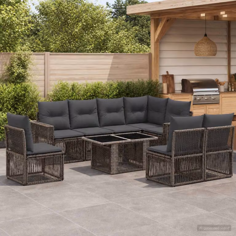 Set Divano da Giardino vidaXL 9 Pezzi in Polyrattan Grigio e Antracite con Tavolino e Cuscini Imbottiti
