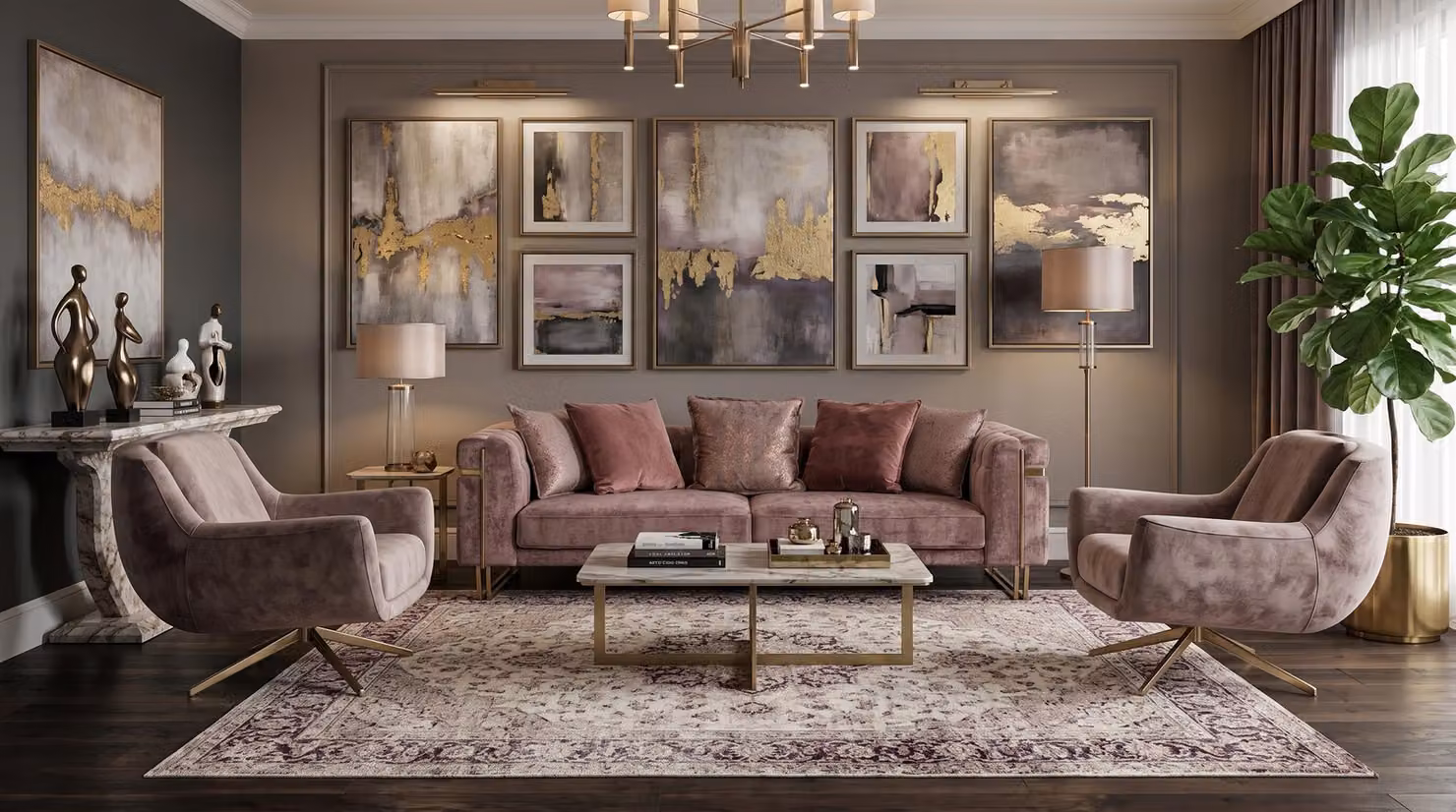 Wohnzimmer Set 3 Sitzer Sofa 2x Sessel Modern Rosa Einladend