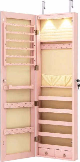 Armadio portagioie Design Mania in legno rosa con specchio e illuminazione LED da parete L: 35,5 cm, P: 10 cm, H: 120 cm