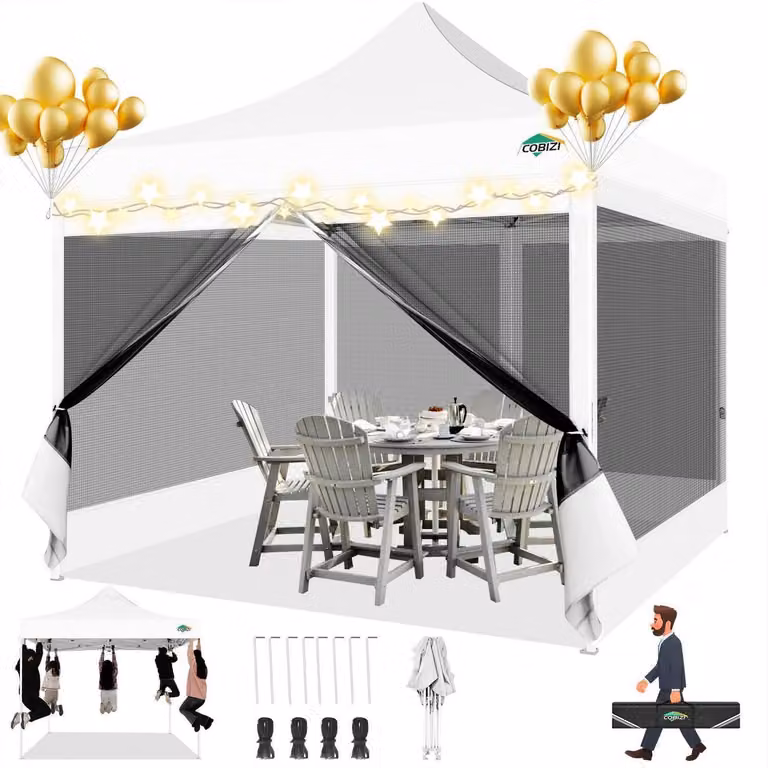 Gazebo da esterno 3x3 metri, impermeabile, con protezione UV, dotato di 4 pareti laterali in rete, colore bianco, con possibilità di regolare l'altezza