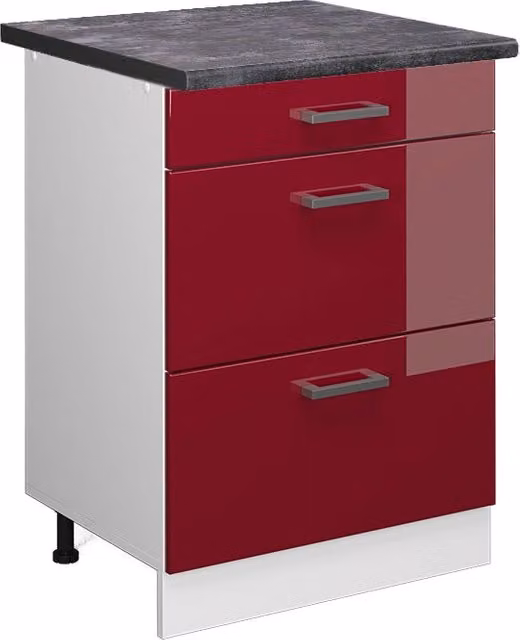 Mobiletto base per cucina R-Line Rosso lucido/Bianco 60 cm con cassetti, PL Antracite Vicco